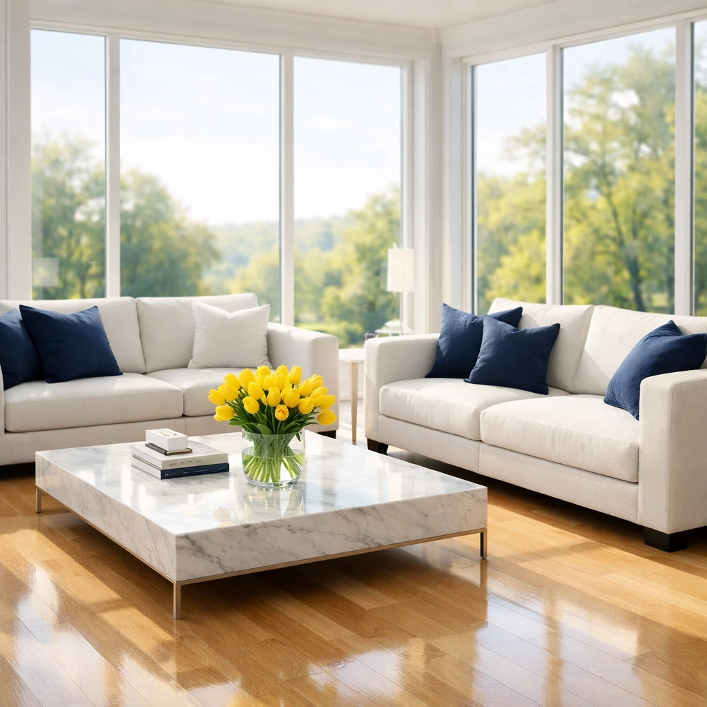 Professionally cleaned living room with white sofas and polished hardwood floors in an Ashburnham MA home.