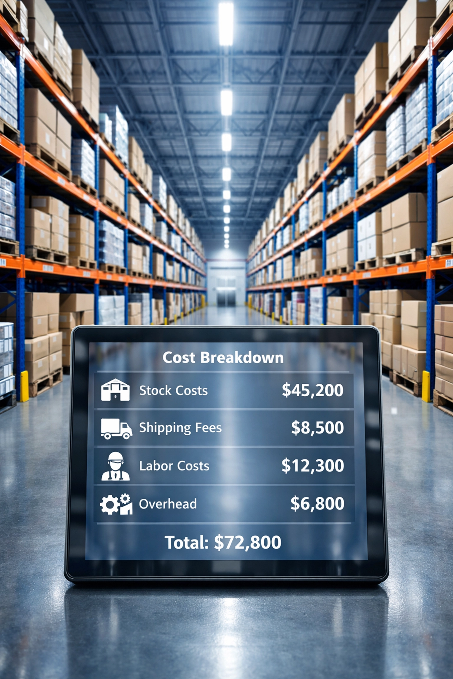 Organized warehouse with clear digital cost breakdown for inventory management