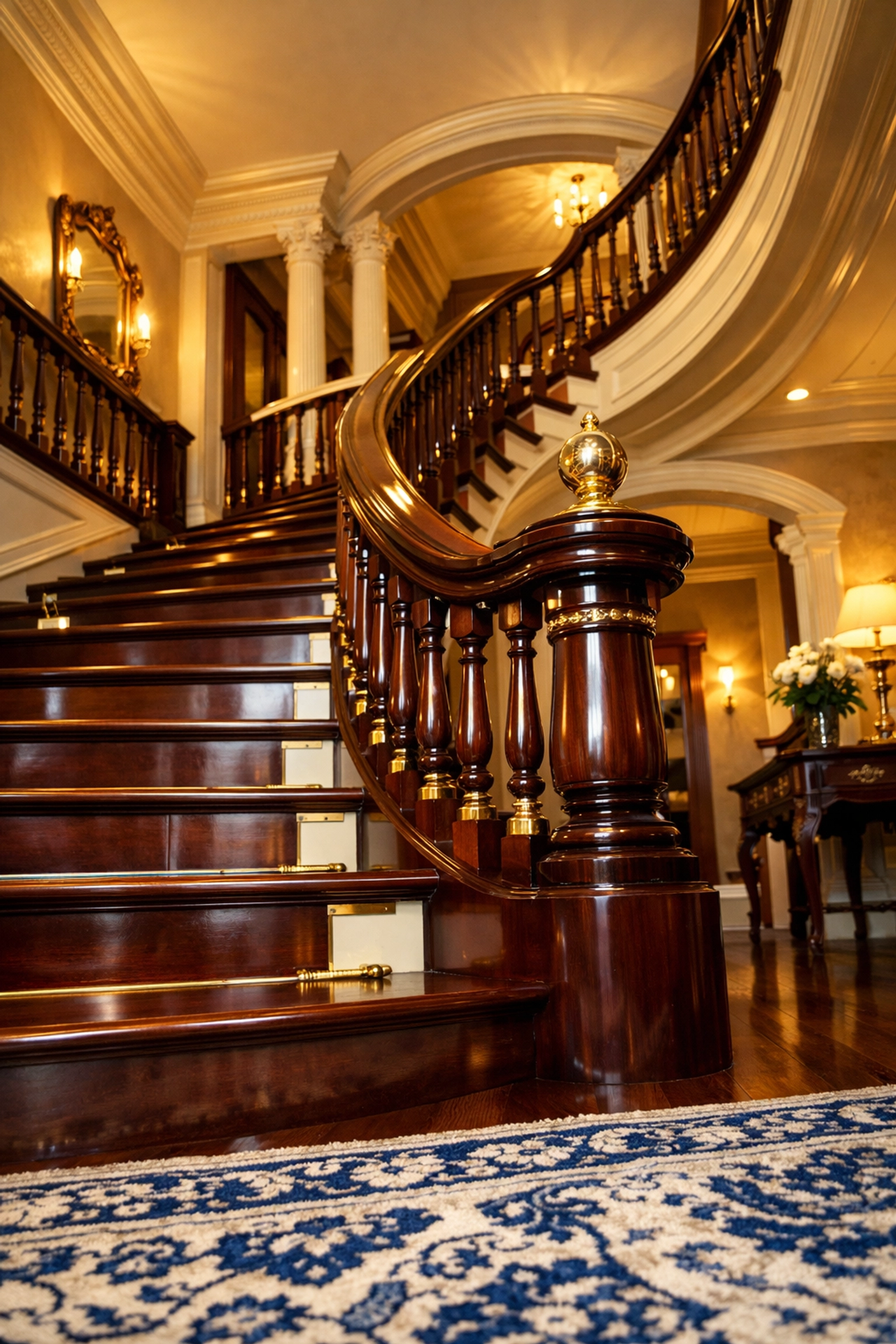 Cleaned mahogany staircase in a historic home entryway, luxury house cleaning in Brookline.