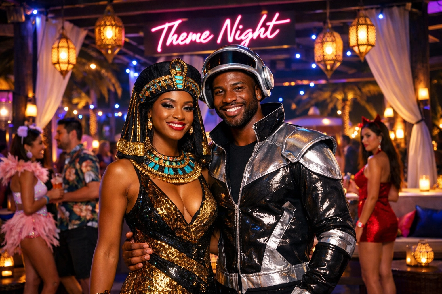 A couple in theme night outfits enjoys a vibrant party at a resort secured through Lifestyle Resorts booking.