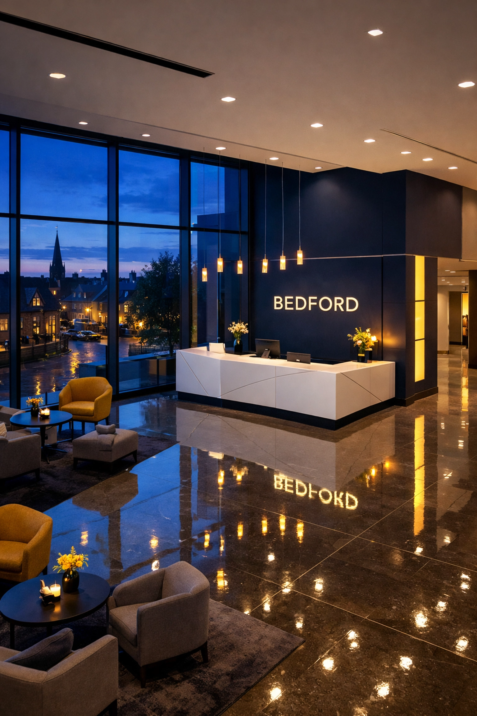 Modern office lobby in Bedford after professional cleaning with polished floors and blue and white decor.