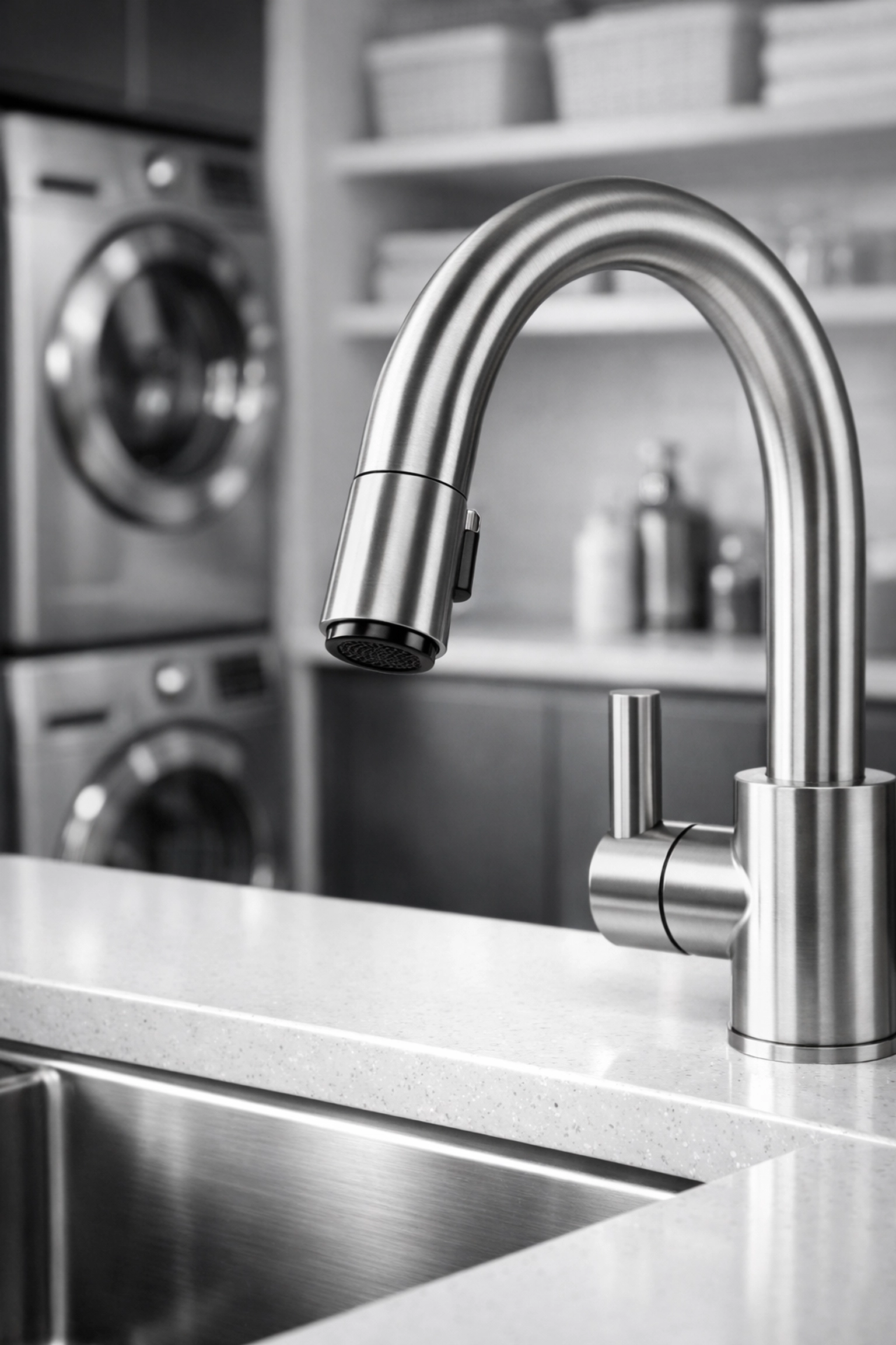 Sanitized stainless steel faucet and quartz countertop in a dust-free move-in ready kitchen.