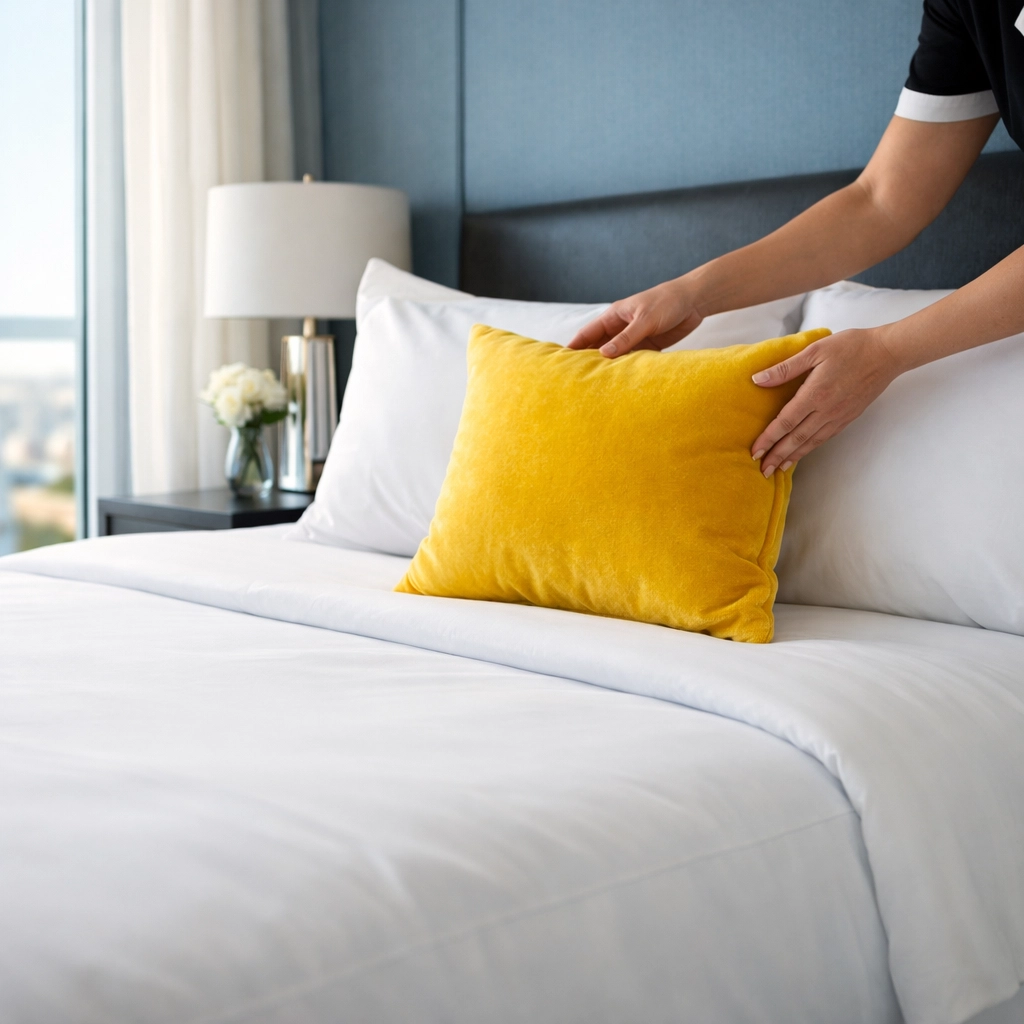 Professional Airbnb bedroom cleaning turnover in Massachusetts with crisp white linens.