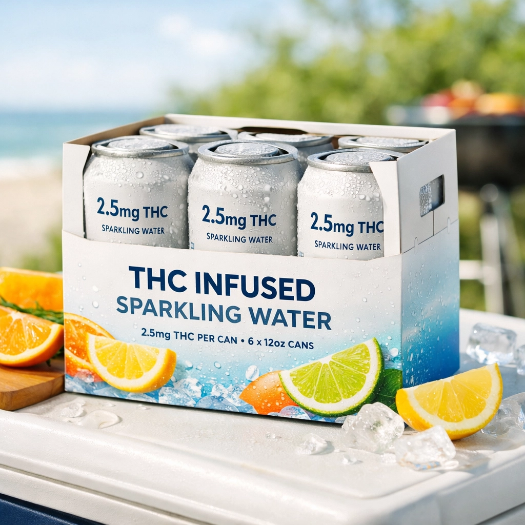 Six-pack of 2.5mg THC beverages styled as premium craft drinks for retail sale