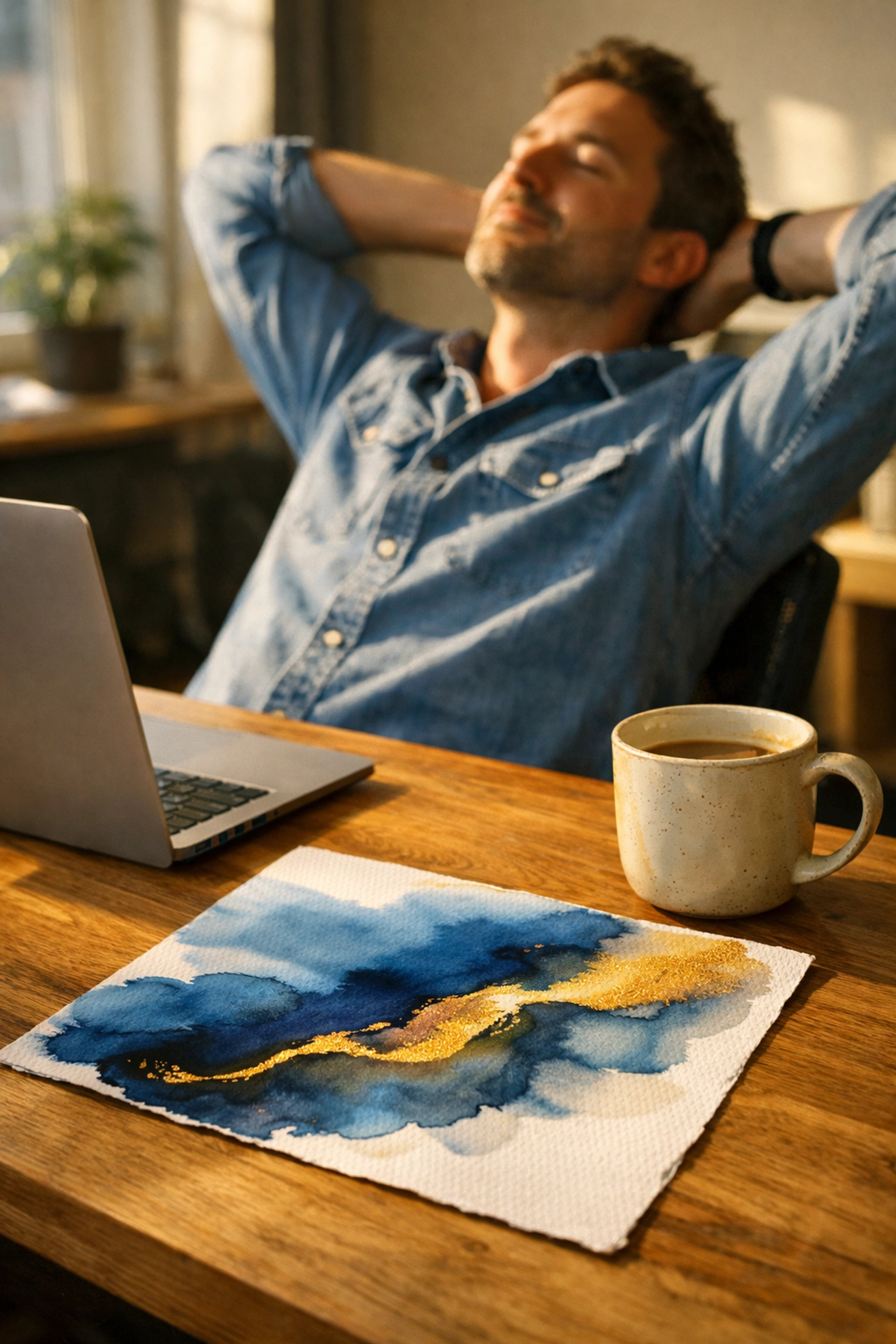 A professional taking a creative reset break with watercolors to manage office energy.
