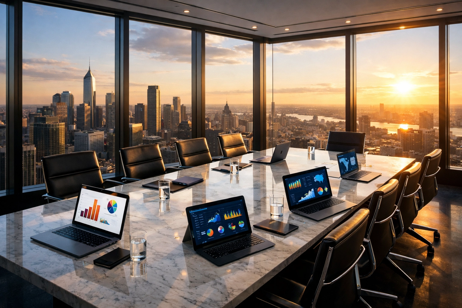 Modern executive conference room at sunset representing Dakdan Worldwide multi-industry innovation and technology.