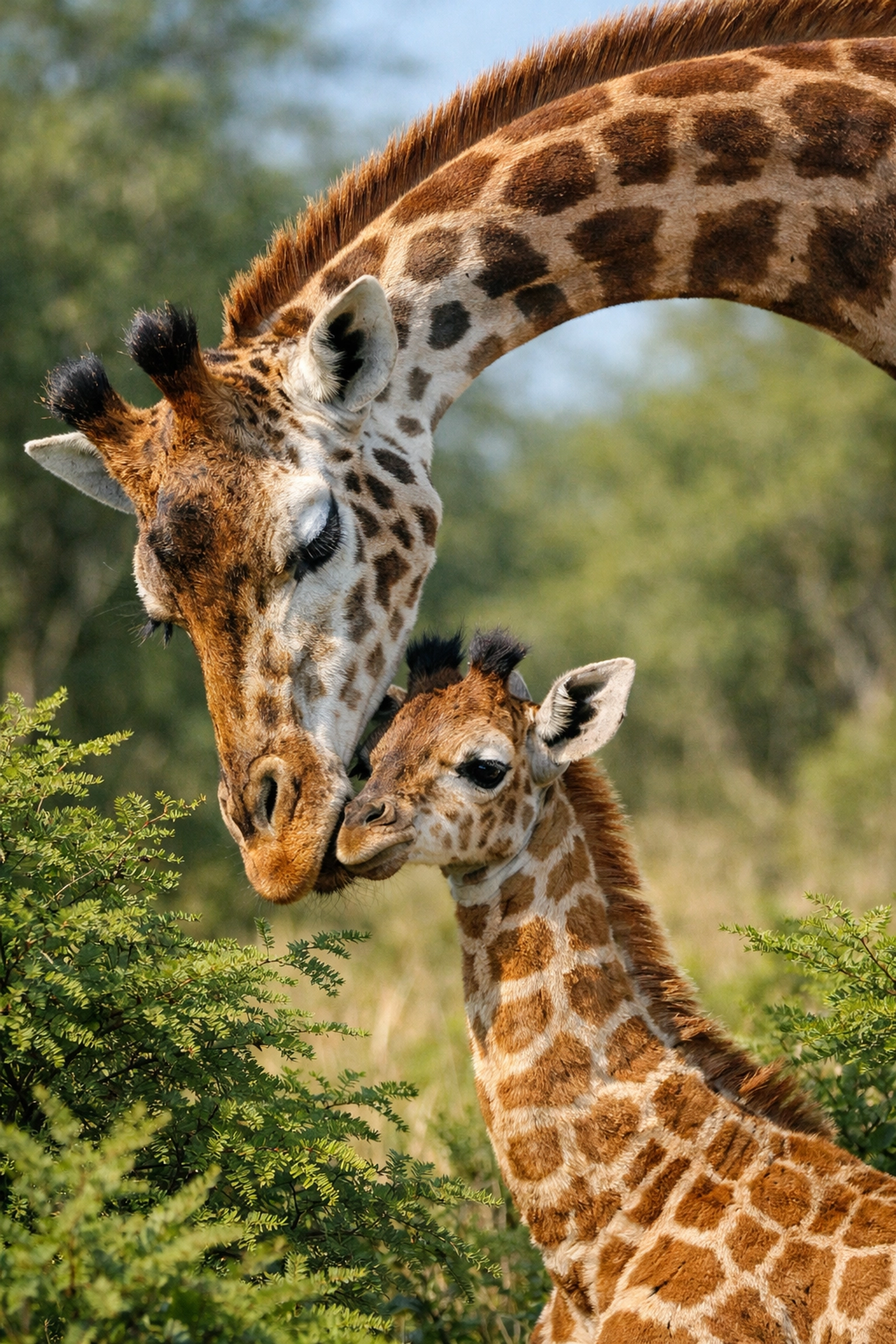 A mother giraffe nuzzling its calf, showcasing natural animal behavior for conservation storytelling.