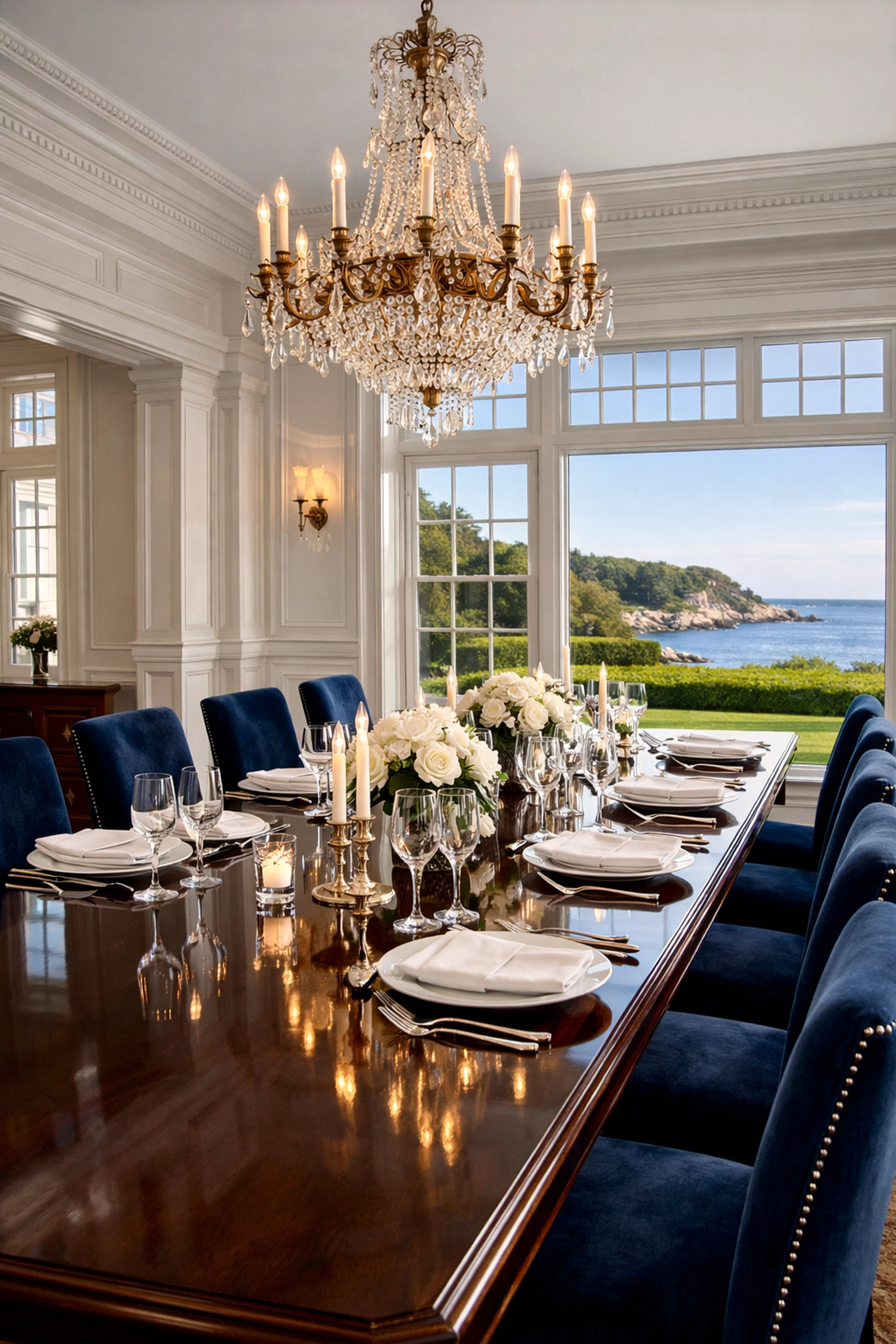 A polished formal dining room in a coastal mansion prepared with luxury house cleaning in Manchester-by-the-Sea.