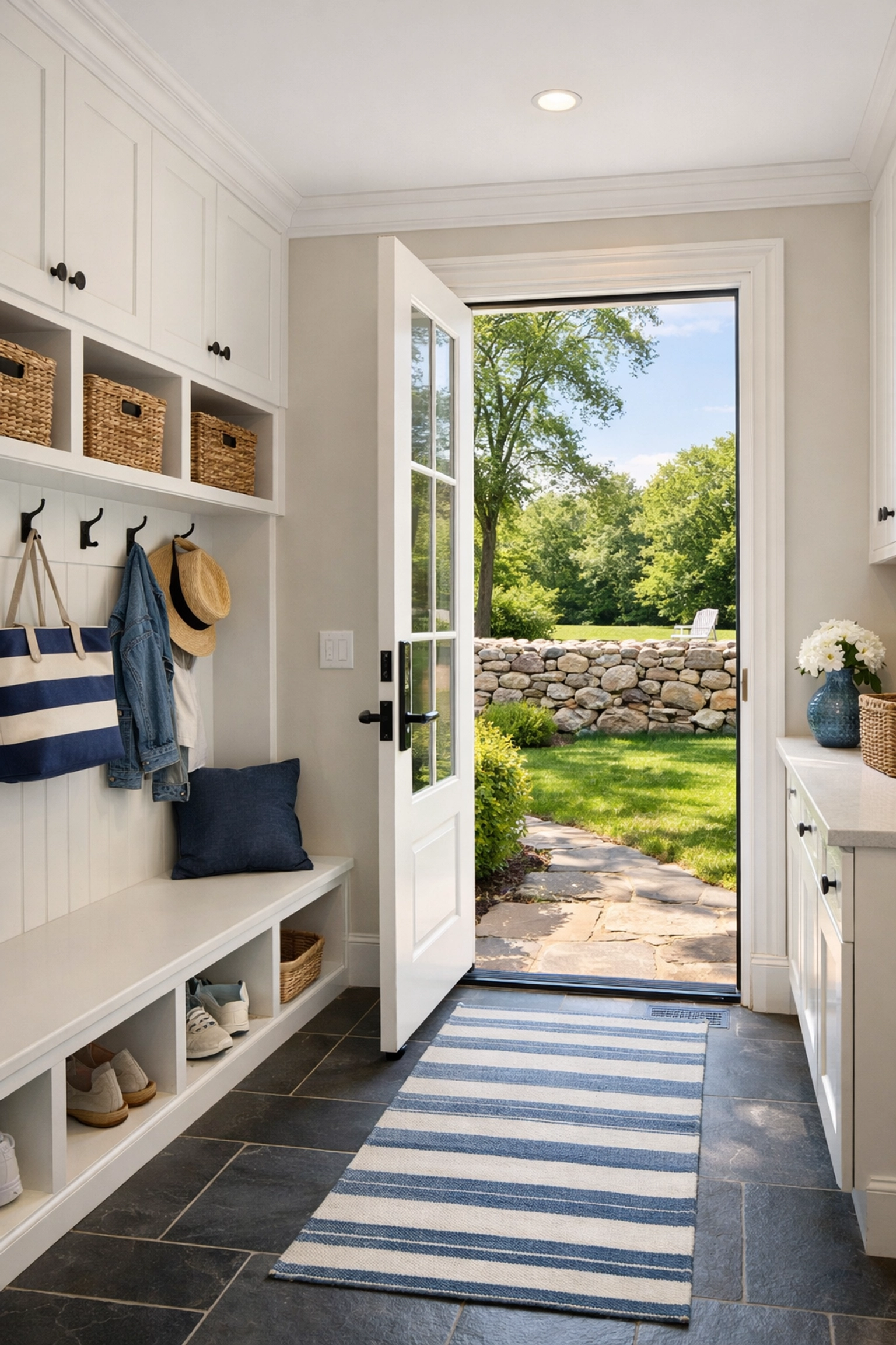 Spotless modern mudroom with white cabinetry reflecting the luxury of a professional Sudbury home cleaning service.