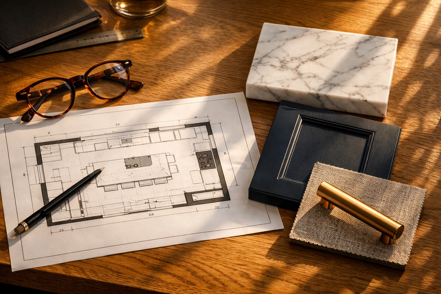 Architectural floor plans and premium material swatches for a kitchen renovation planning phase.