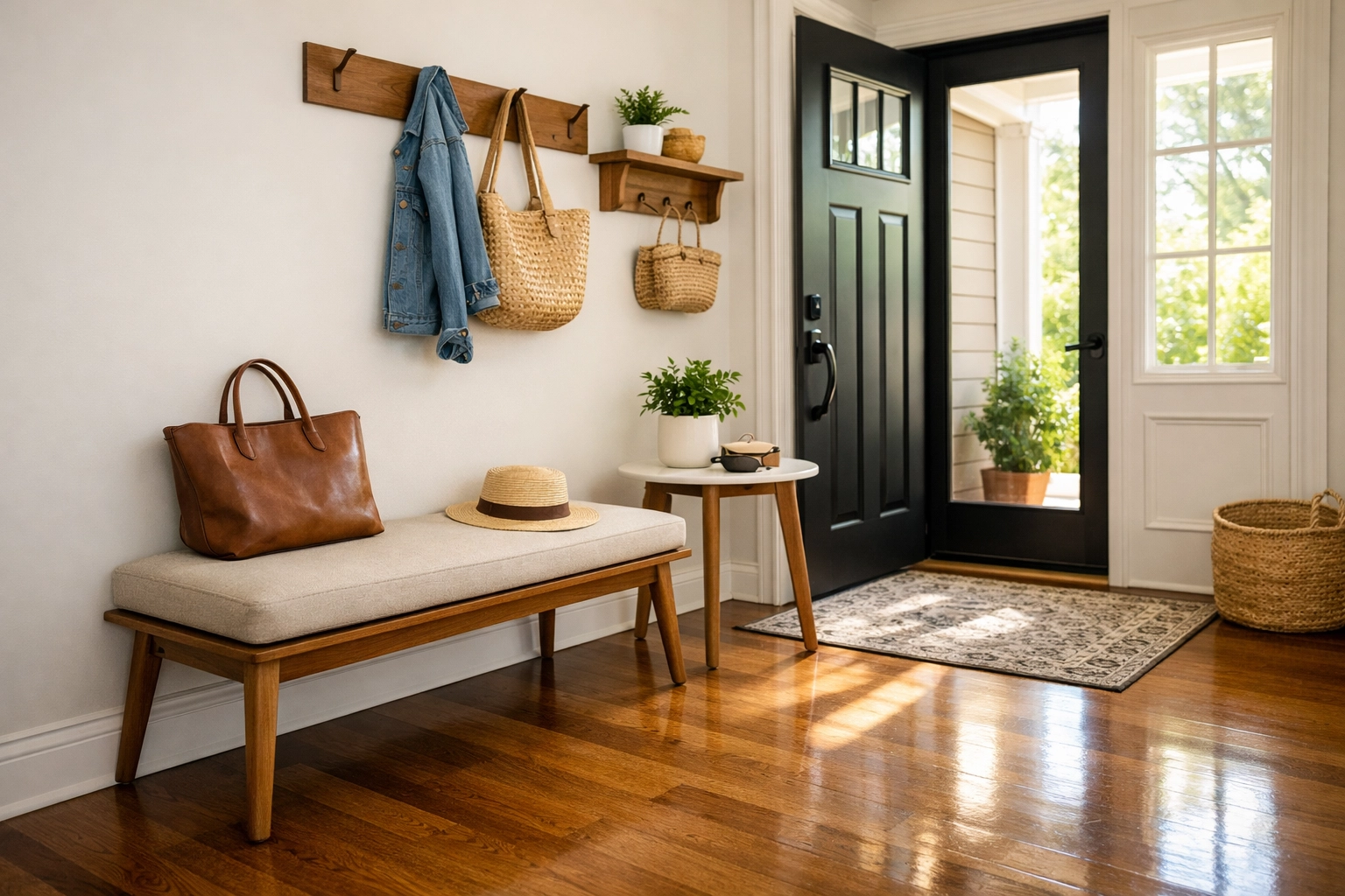 A senior-friendly entryway landing zone with a sturdy bench for safely changing shoes.