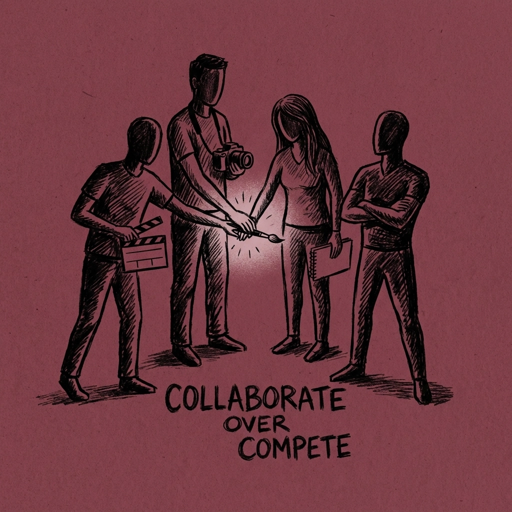 Five diverse creators joining hands in a circle, illustrating collaborative teamwork on IncluHub.