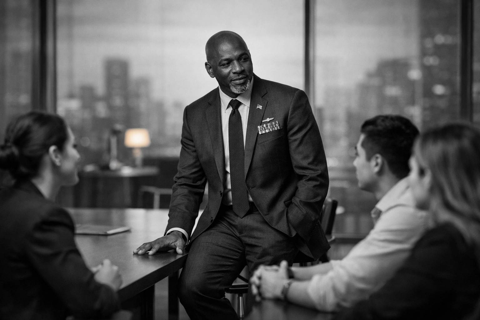Black veteran of color practicing inclusive leadership with a diverse professional team in a boardroom.