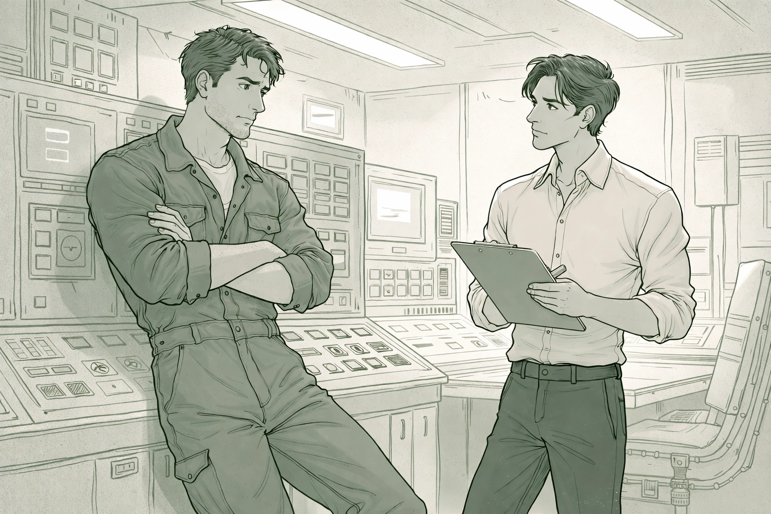 Rugged mechanic and refined engineer face off in an oil platform control room, illustrating professional rivalry and chemistry.