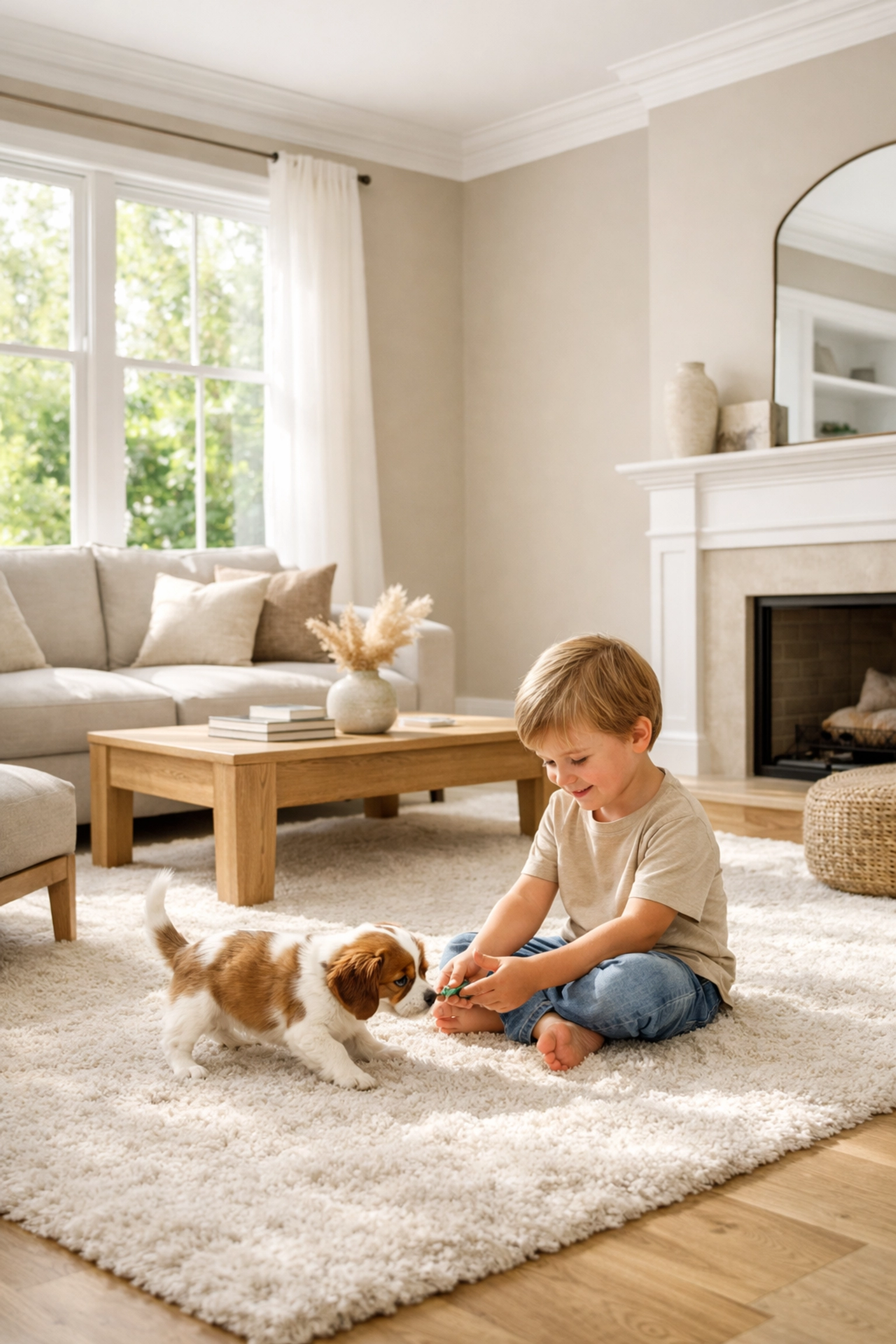 Child and puppy playing in an Atlanta living room with safe, eco-friendly low-VOC interior paint.