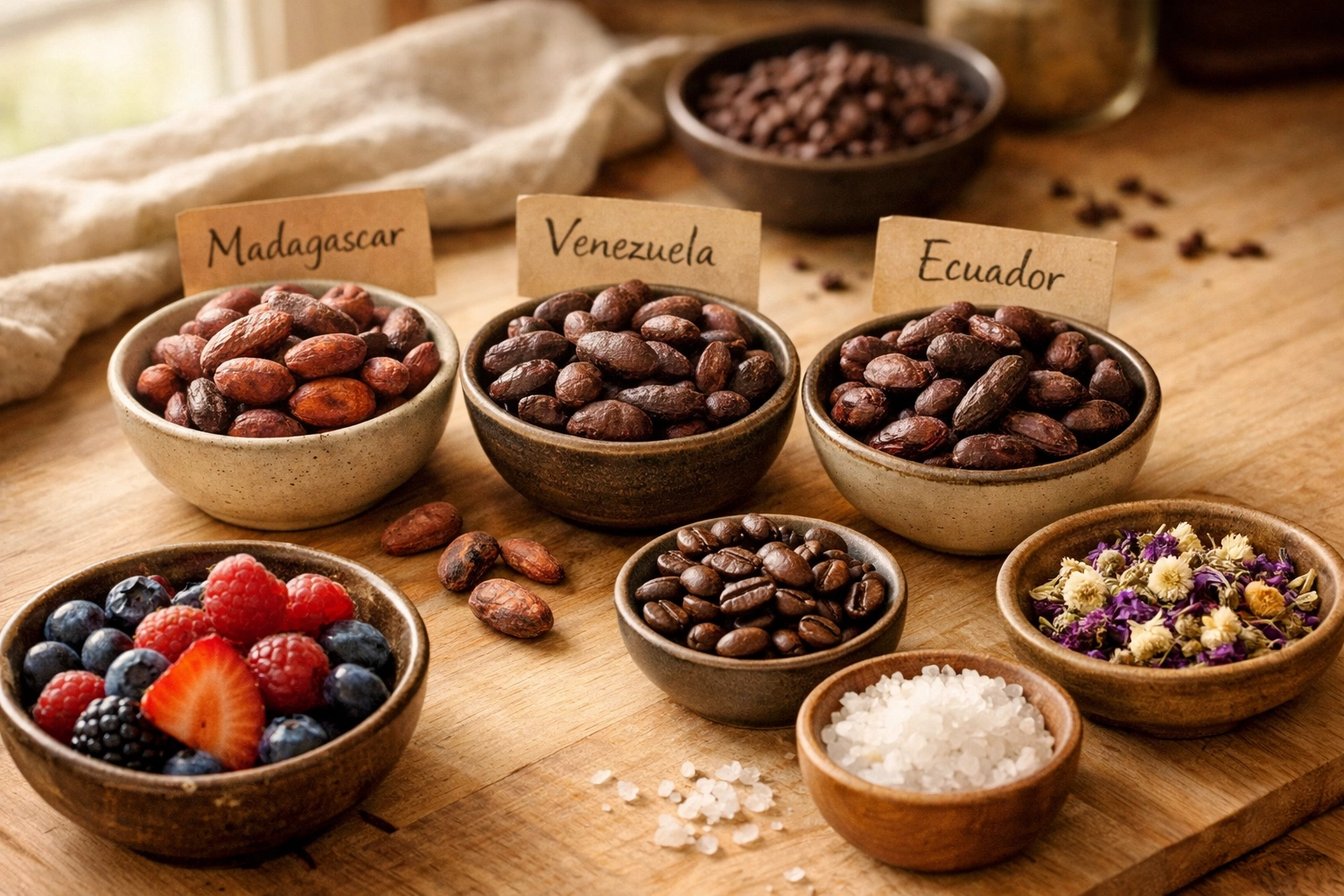 Different origin cacao beans from Madagascar, Venezuela, and Ecuador with complementary ingredients