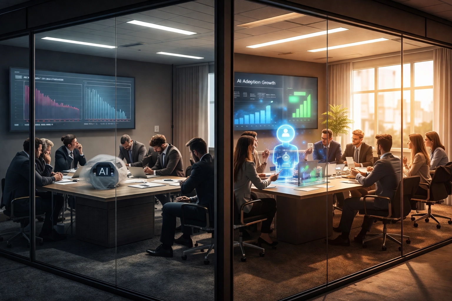 Side-by-side conference rooms comparing poor traditional AI adoption with vibrant collaboration around human-centered AI solutions