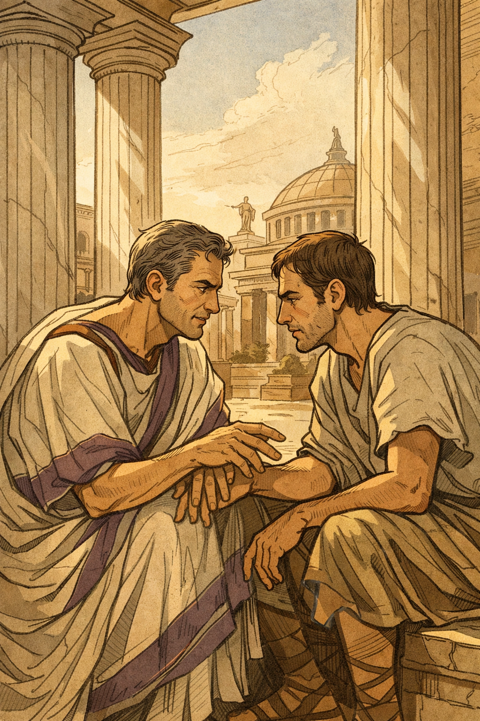 Two Roman men in intimate conversation beneath marble columns in ancient Rome