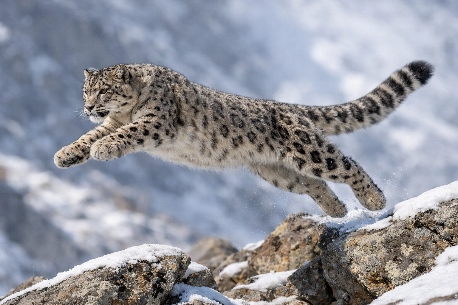 High-quality action photo of a snow leopard jumping, used to drive visitor engagement on zoo websites.