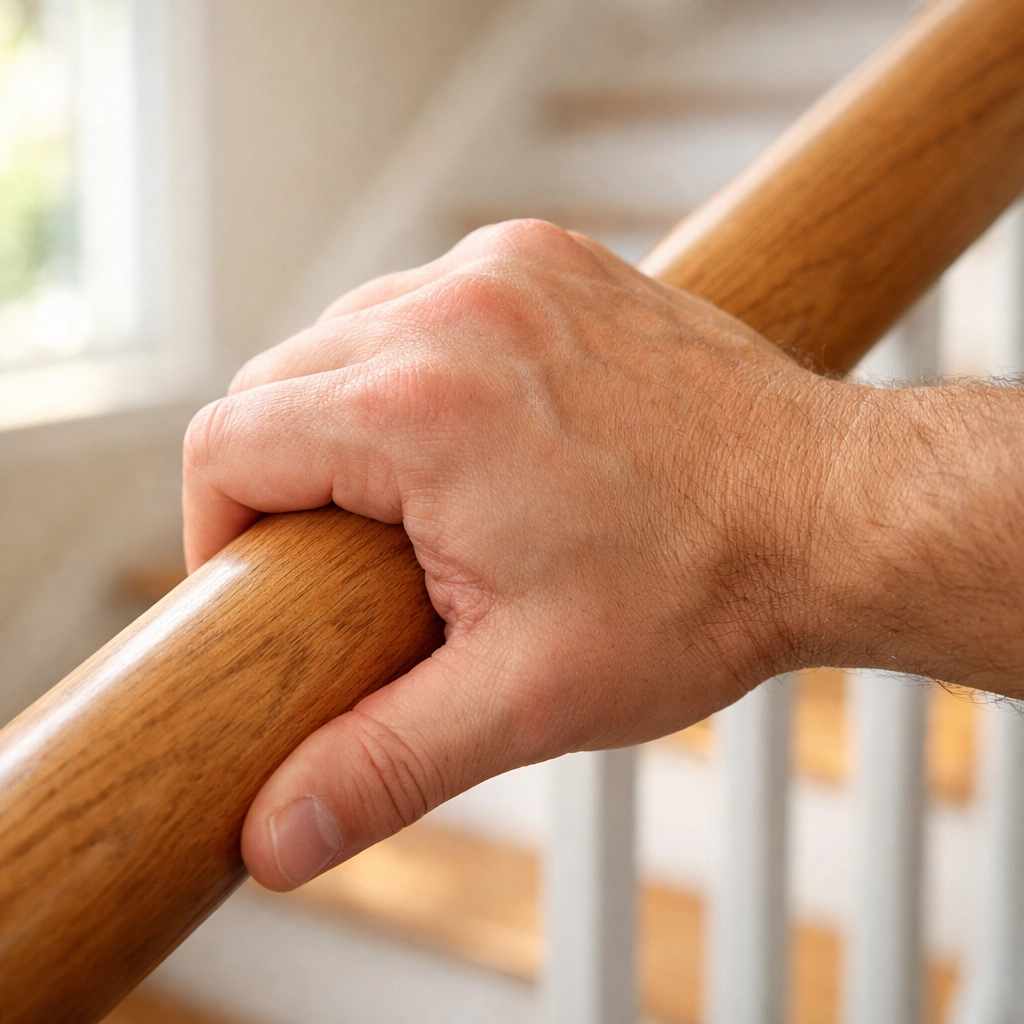 Close-up of a secure power grip on a round wooden stair handrail to improve balance and fall prevention.