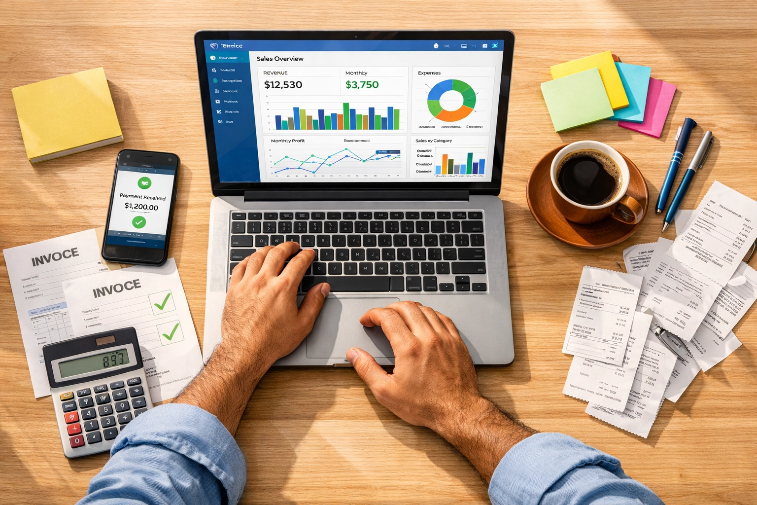 Small business owner using accounting software dashboard for financial management