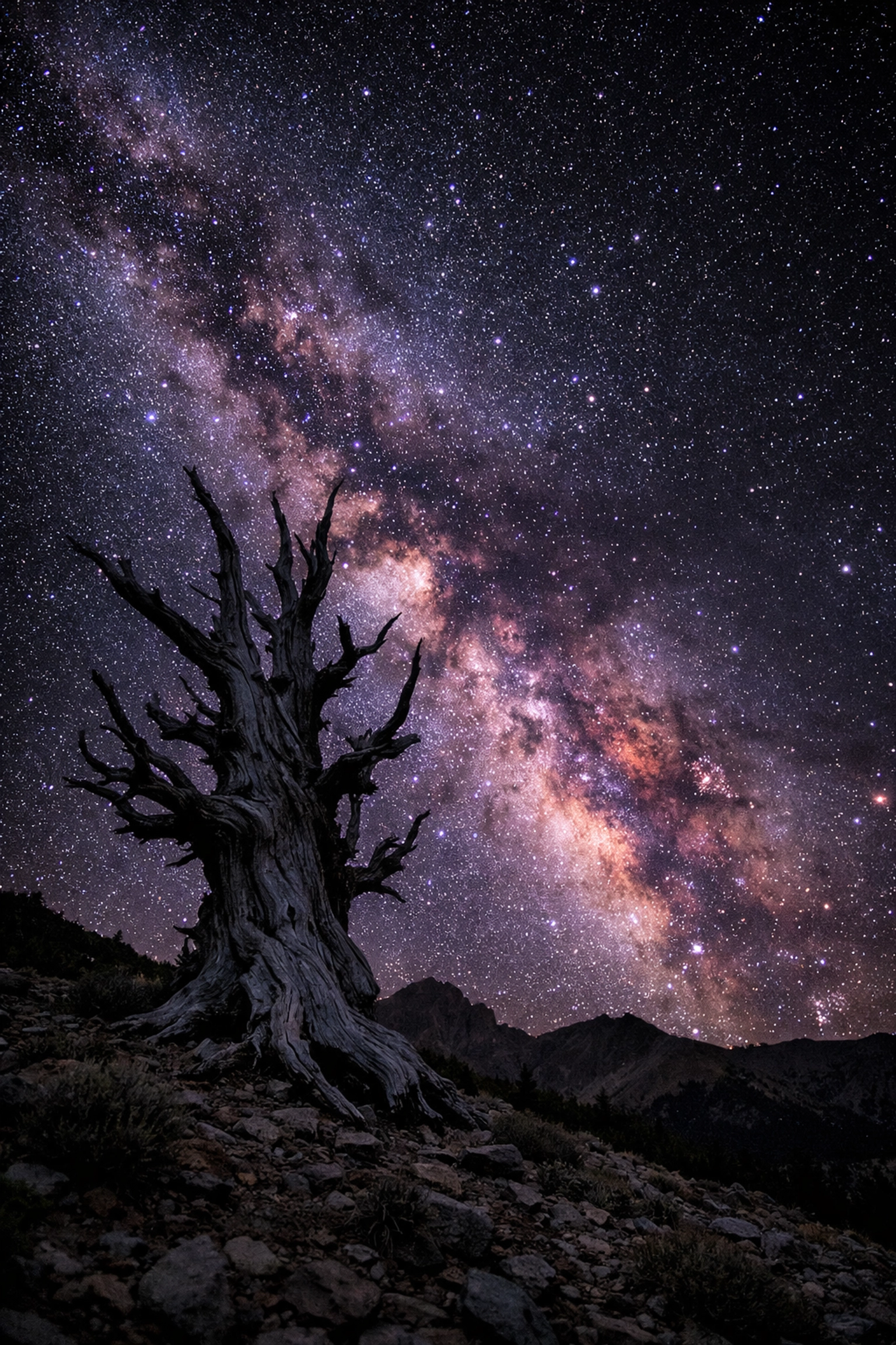 Milky Way over bristlecone pines in Great Basin, one of the best photography locations for stars.