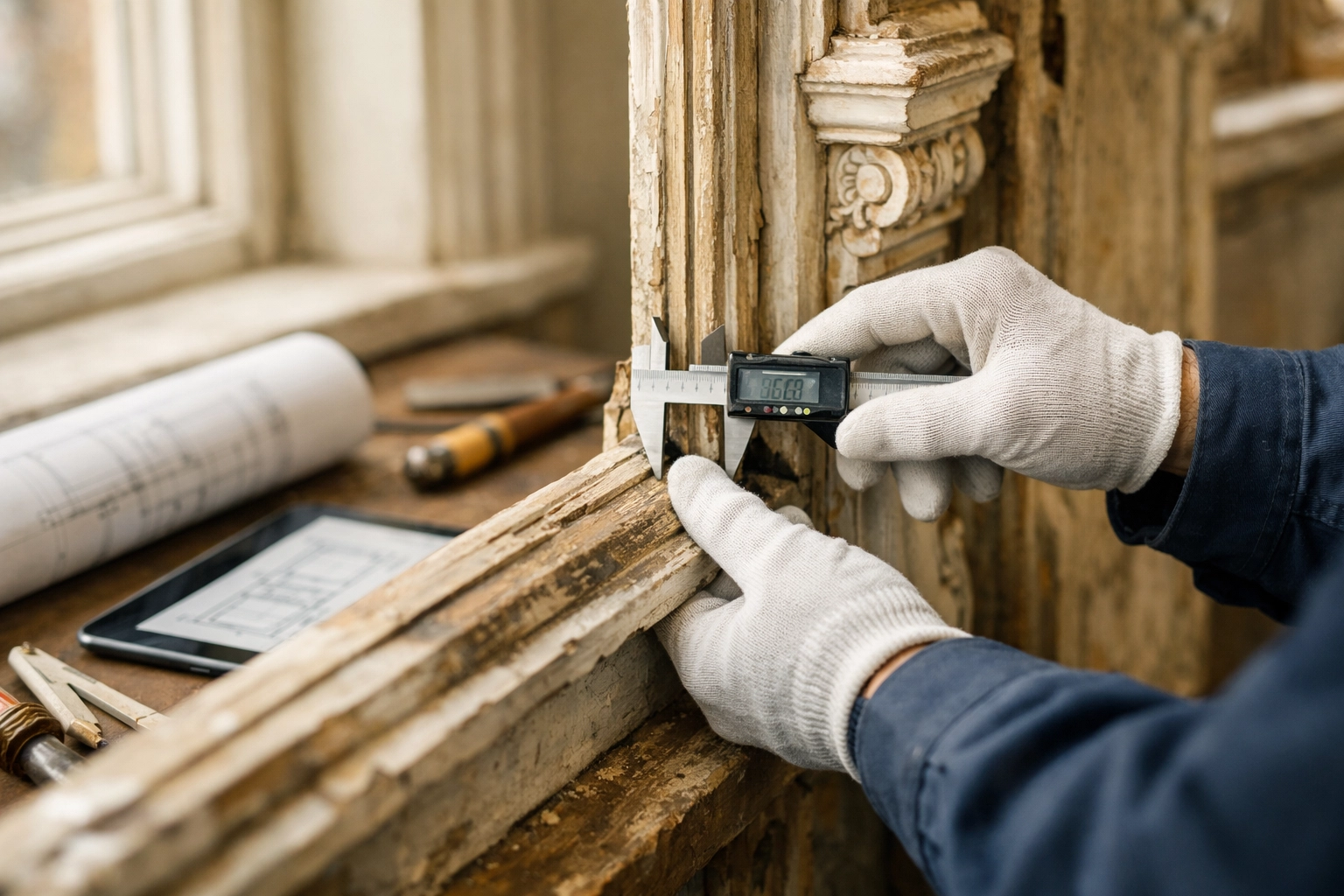 Professional survey of Grade I listed building window frame for secondary glazing installation