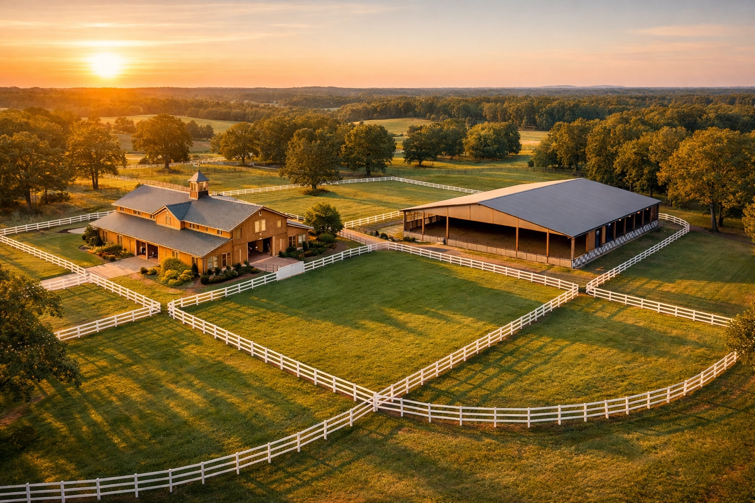Aerial view of luxury horse farm with barn, riding arena, and white fencing in Charlotte NC