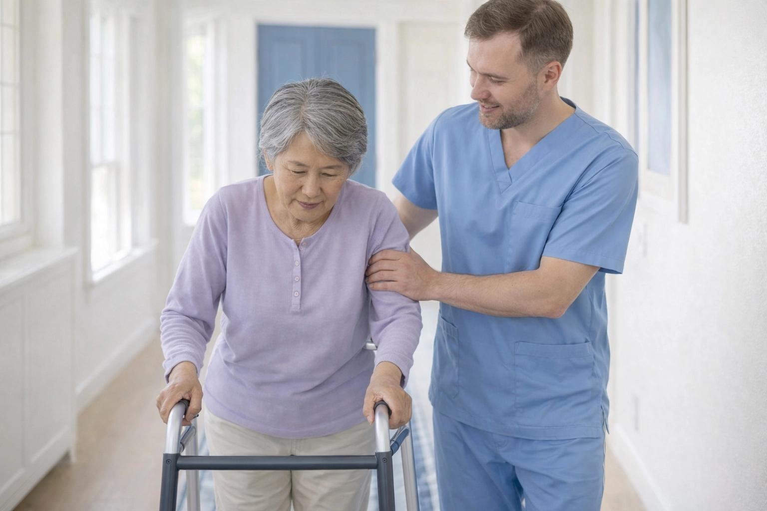 Caregiver safely assisting elderly client with walker, demonstrating quality home care services