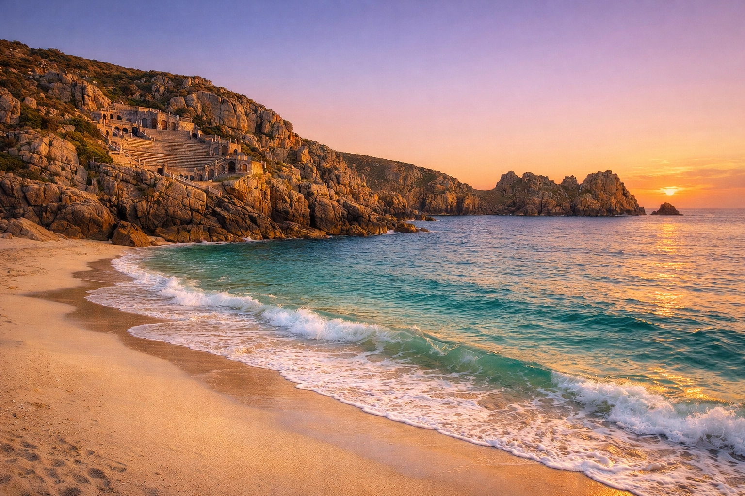 Sunset over Porthcurno Beach and Minack Theatre, a dignified setting for a Cornwall ashes scattering ceremony.