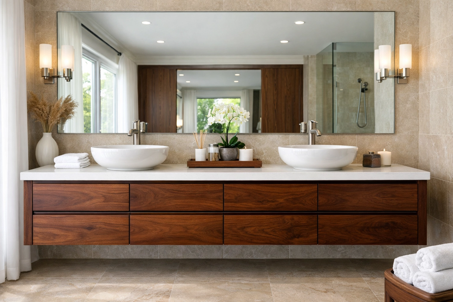 Luxury bathroom vanity with walnut inset cabinets and sleek flush-mount drawer fronts.