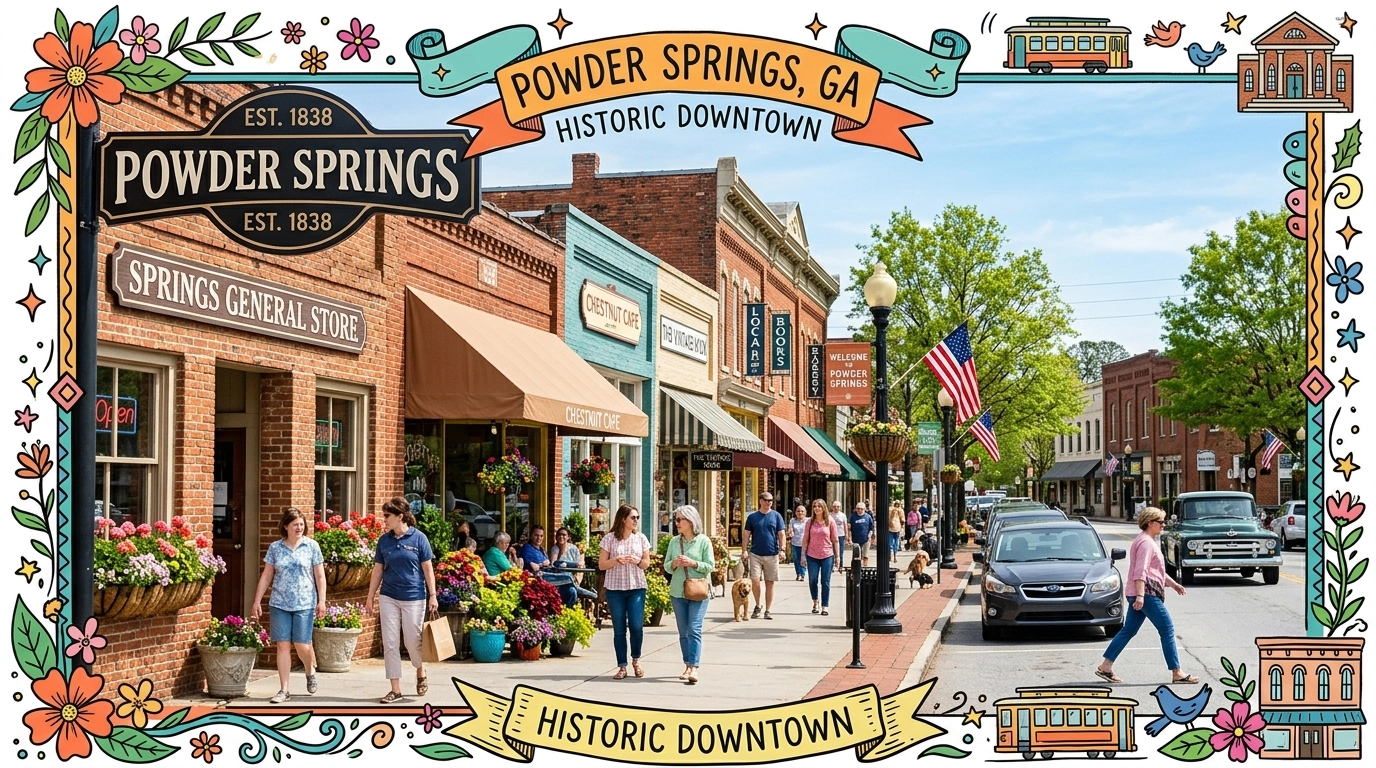 Charming historic downtown Powder Springs with brick storefronts and local shops, highlighted by colorful hand-drawn border accents. Charming historic downtown Powder Springs with brick storefronts and local shops, highlighted by colorful hand-drawn border accents.