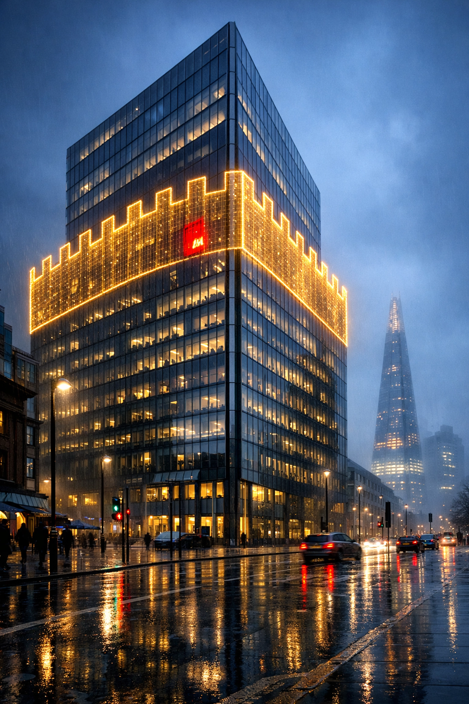 Digital fortress grid over a London skyscraper showing a red data vulnerability point under the UK Data Act.