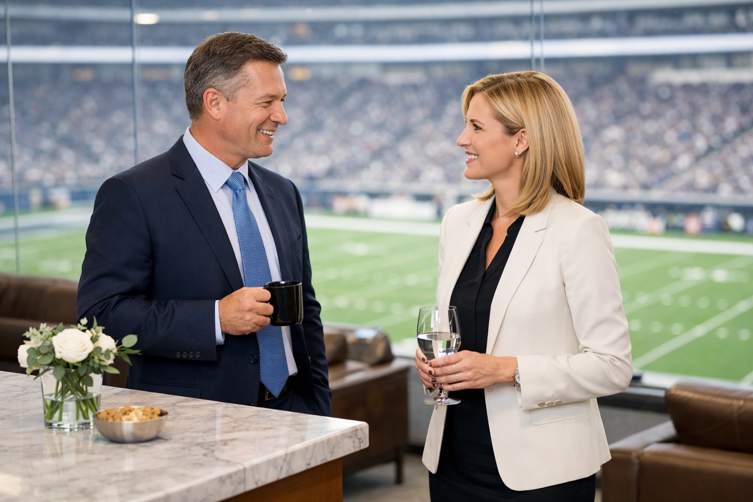 Corporate executives networking in a luxury stadium suite to maximize Super Bowl business opportunities and ROI.