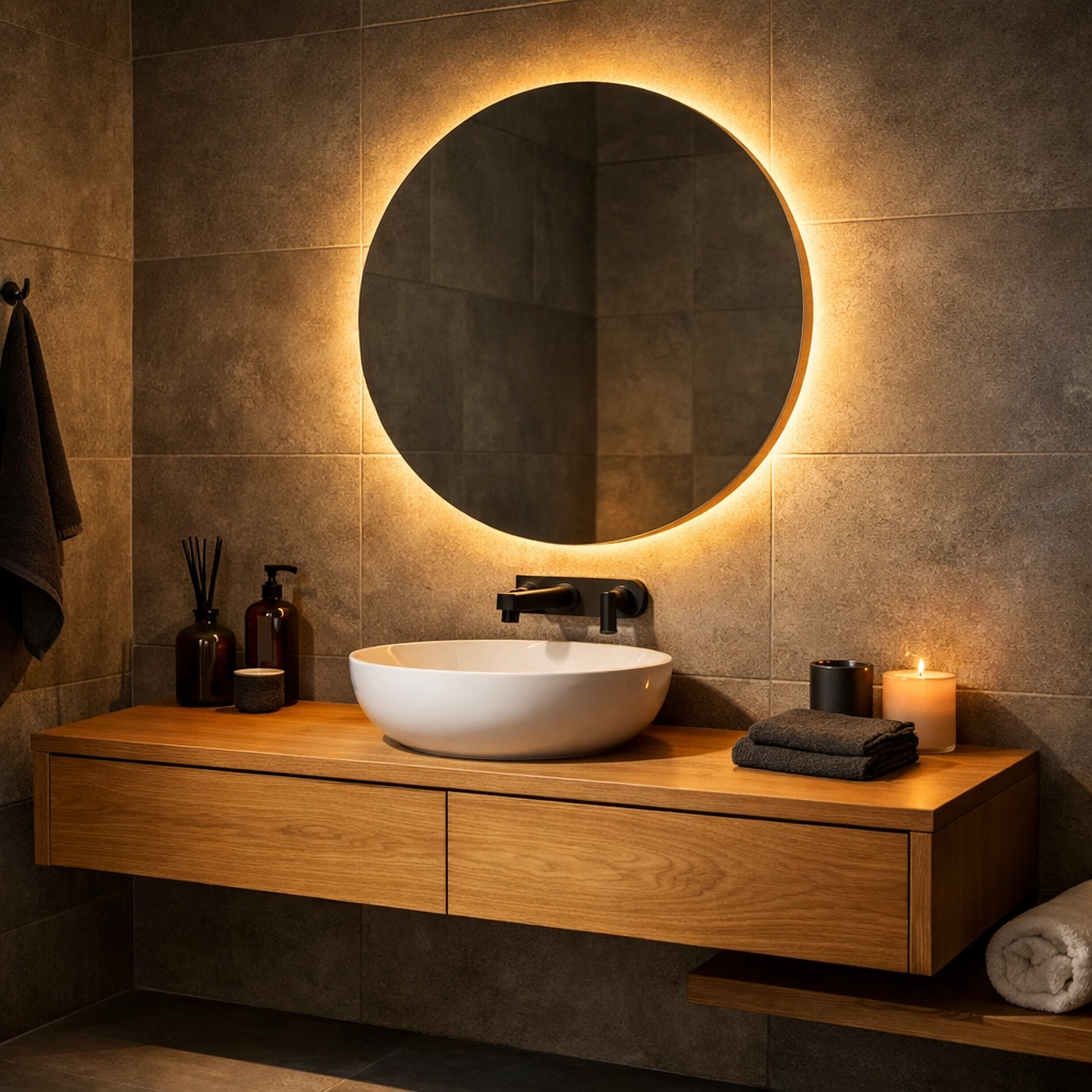 Modern mid-range bathroom renovation in West Sussex featuring a floating oak vanity and backlit mirror.