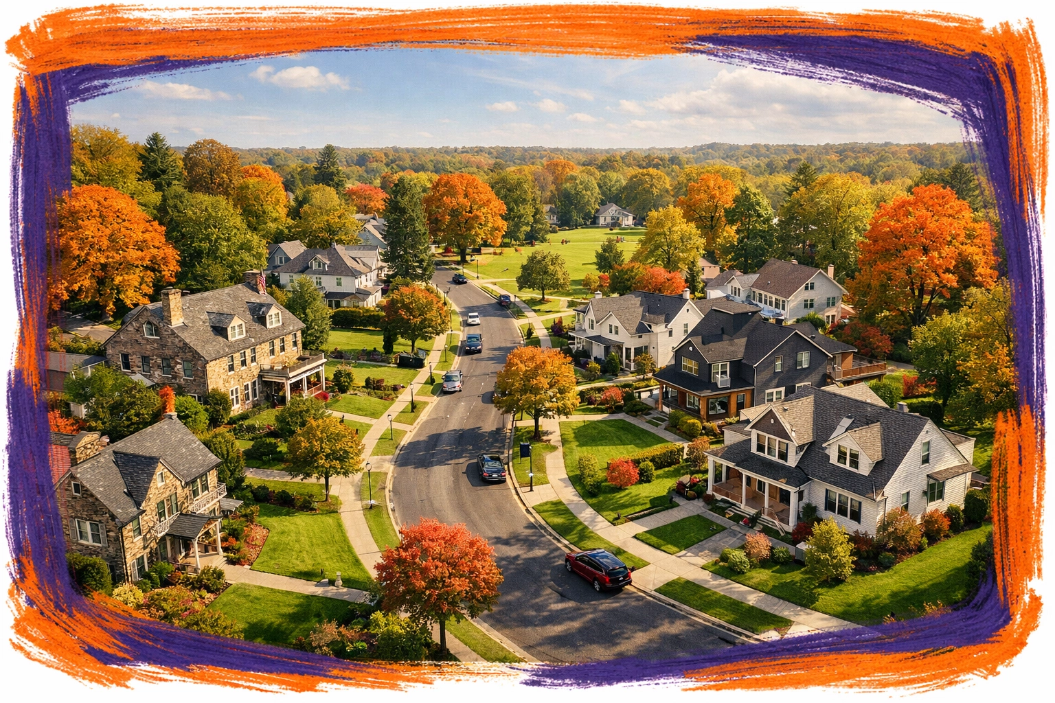 Aerial view of diverse suburban Philadelphia homes showing real estate investment growth