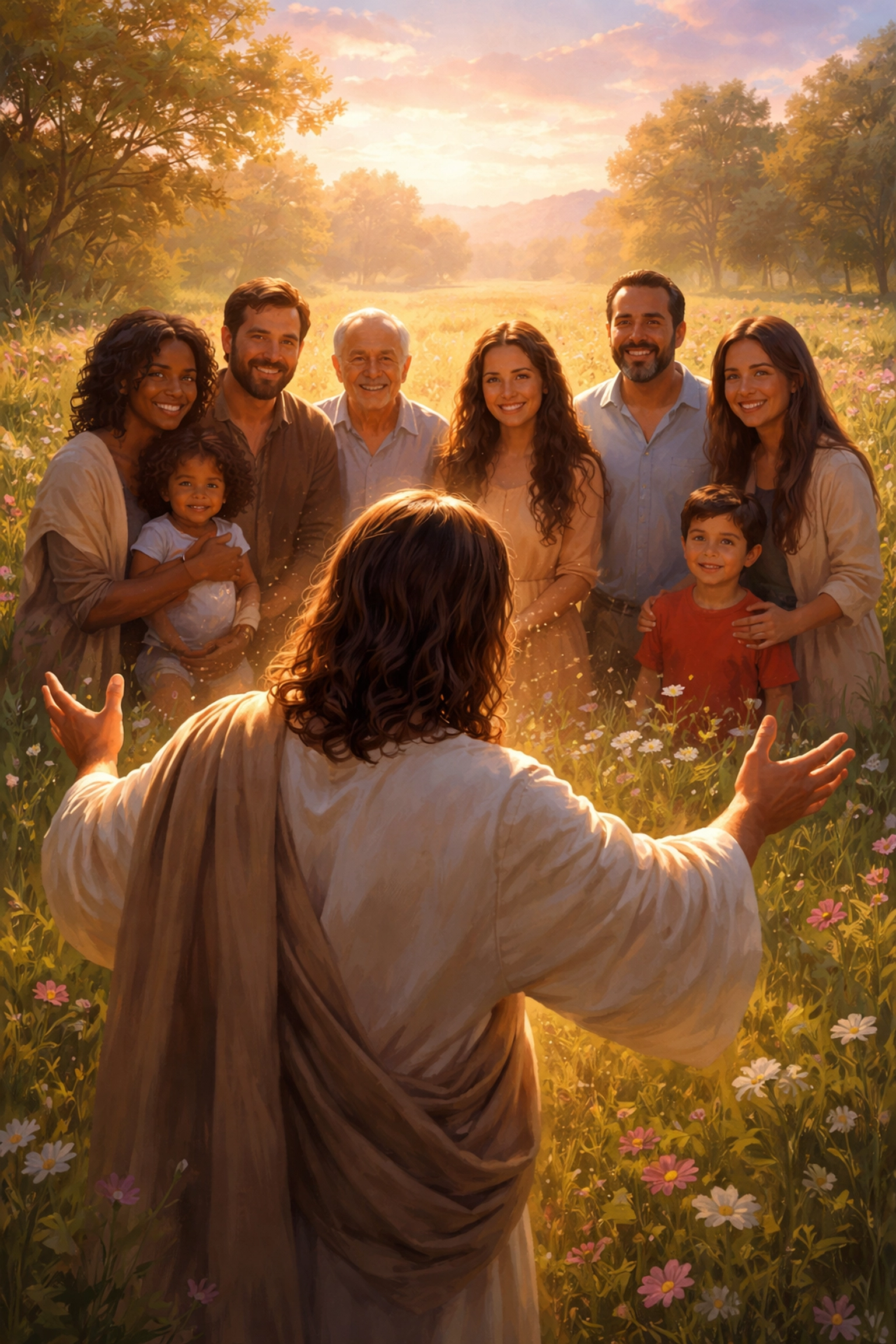 Diverse group gathered in a sunlit meadow, symbolizing God's healing, compassion, and spiritual community.