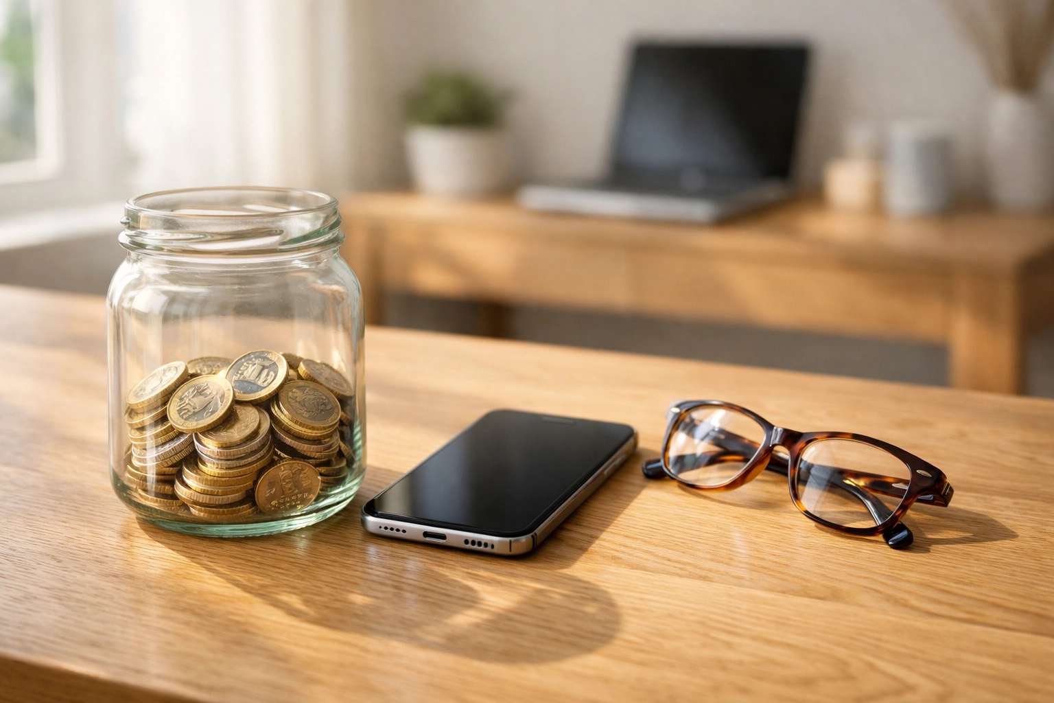 Glass jar with British pound coins on a table, representing savings on UK child citizenship application fees.