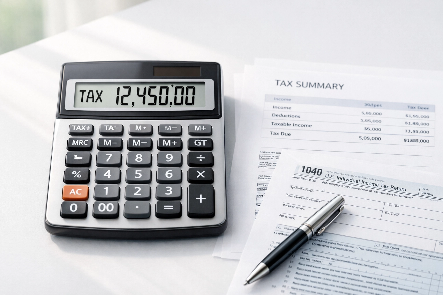 Calculator and tax documents showing 2026 standard deduction calculations