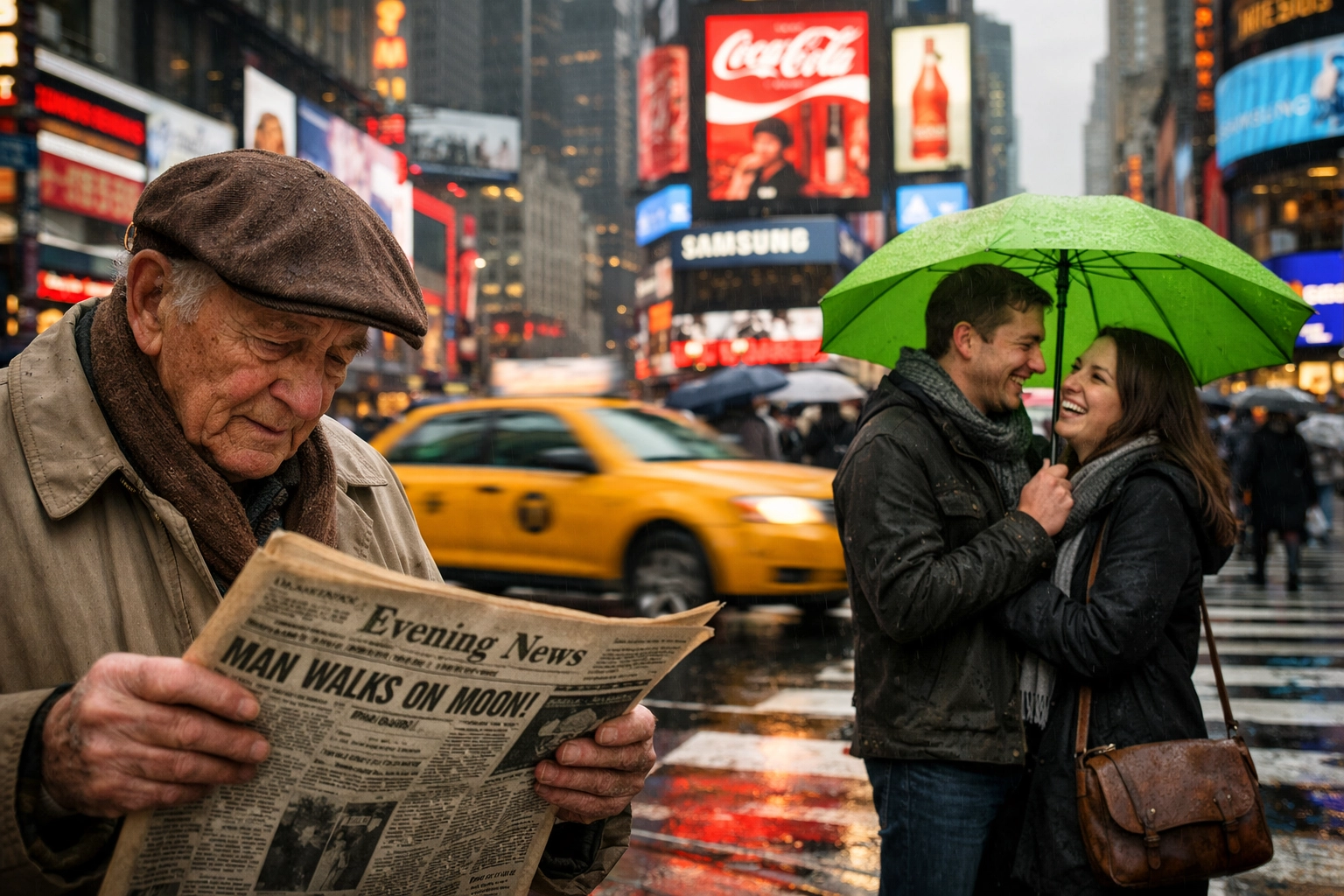 Layered street photography idea featuring a diverse urban scene with multiple narrative depths.