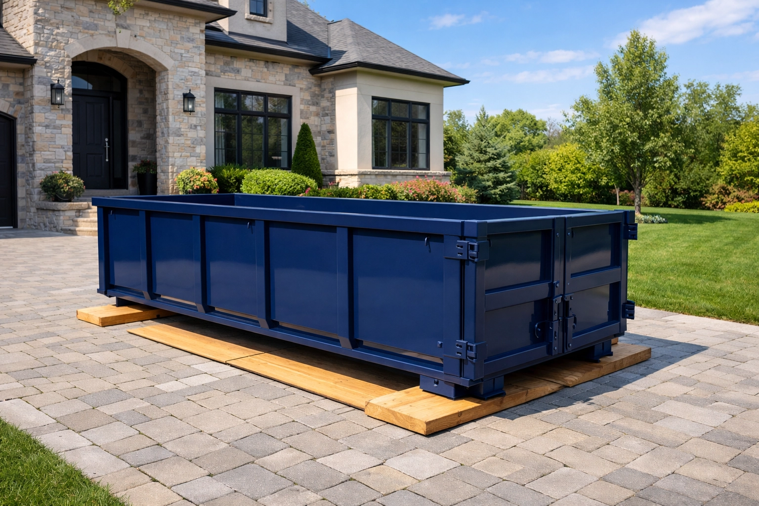 Professional disposal bin rental in Vaughan placed on protective wooden planks on a clean stone driveway.