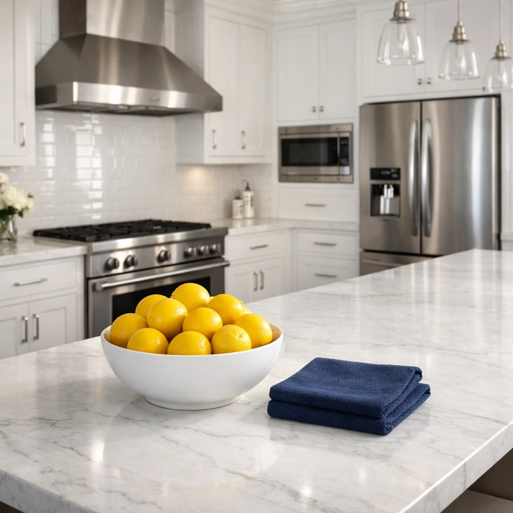 Gleaming luxury kitchen with marble countertops, polished by The Cleaning Ninjas using eco-friendly products.