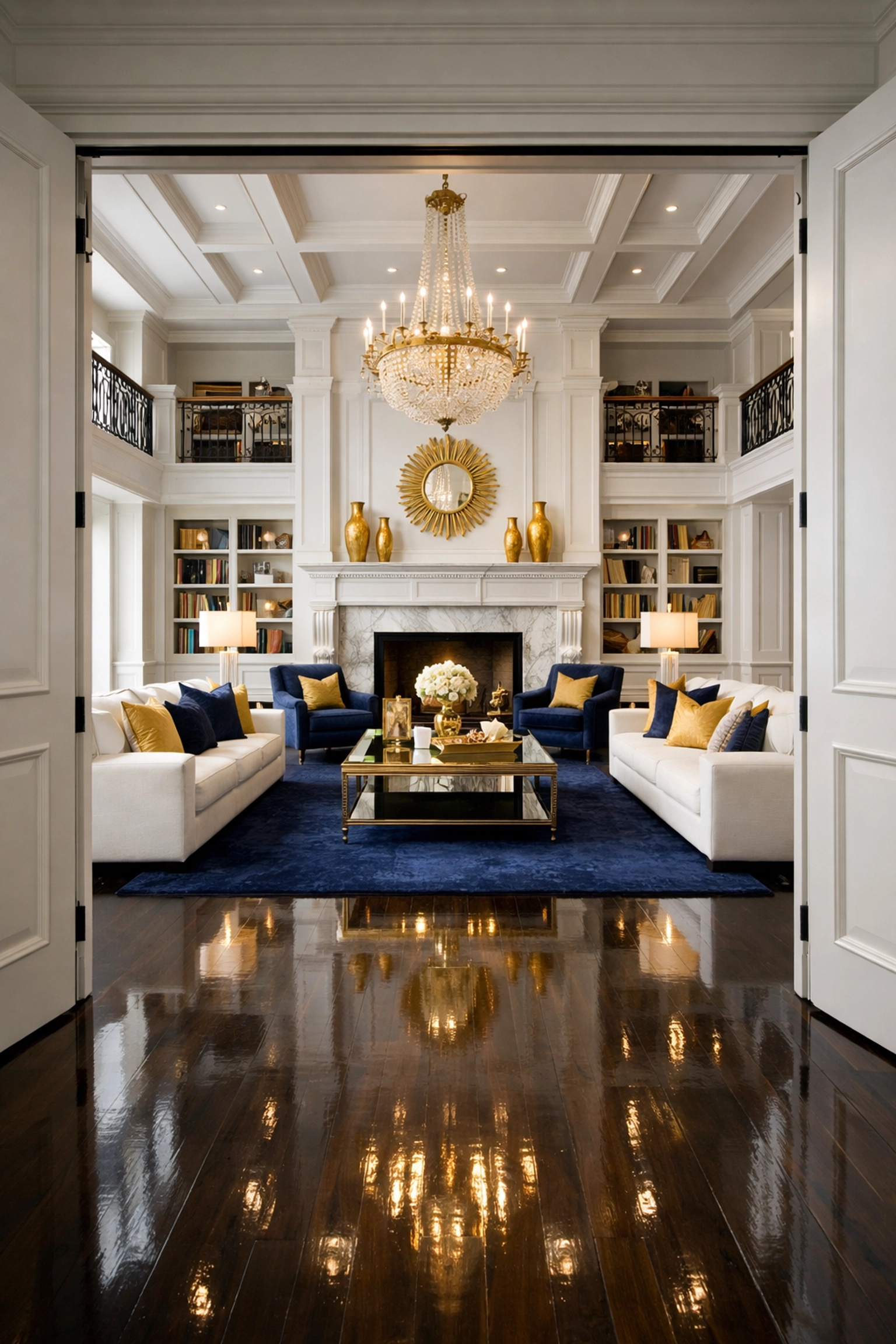 A grand Wellesley estate living room with shining floors after professional move-in cleaning services.