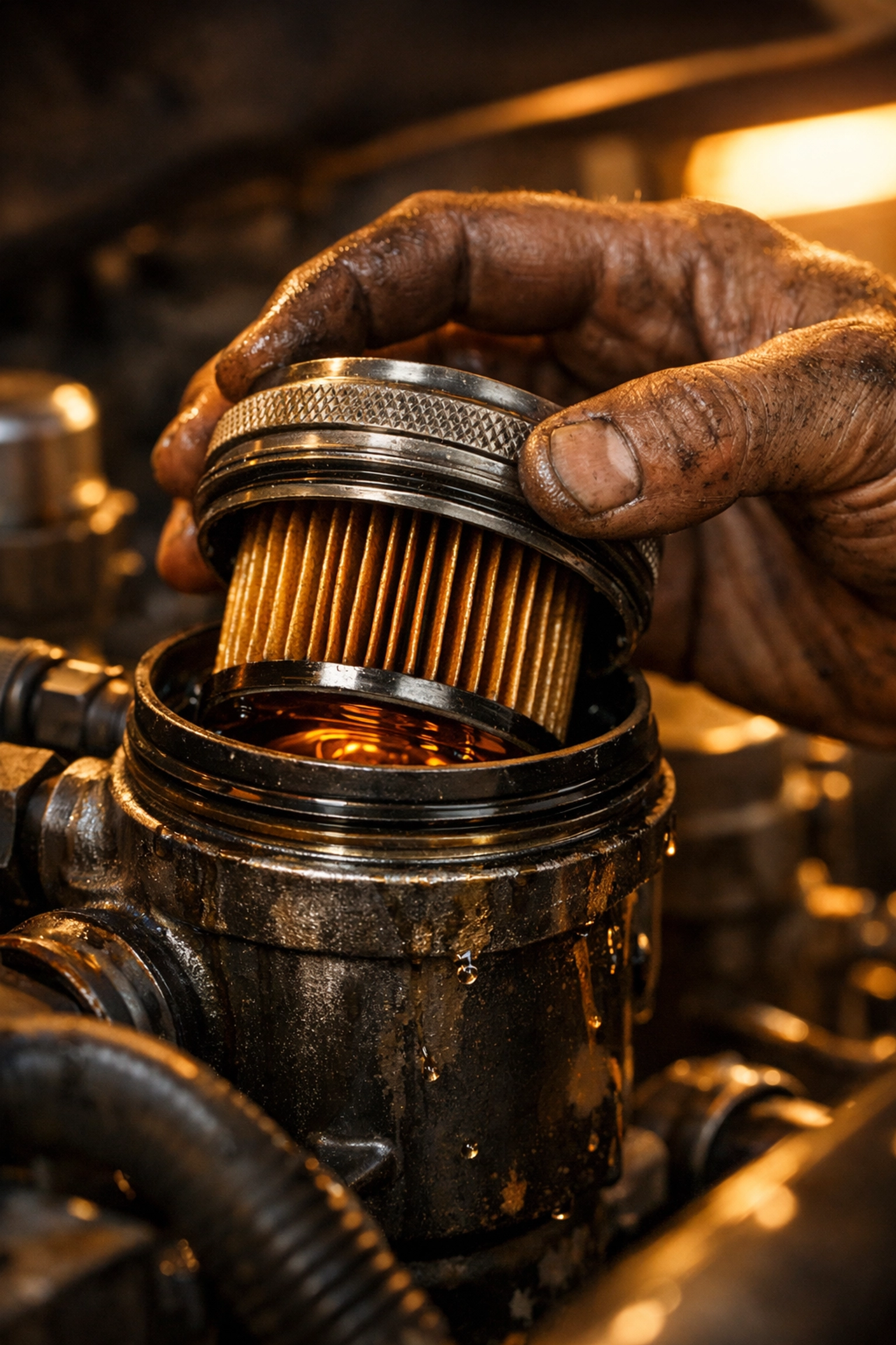 Mechanic replacing a Ford diesel fuel filter to ensure proper fuel system maintenance.