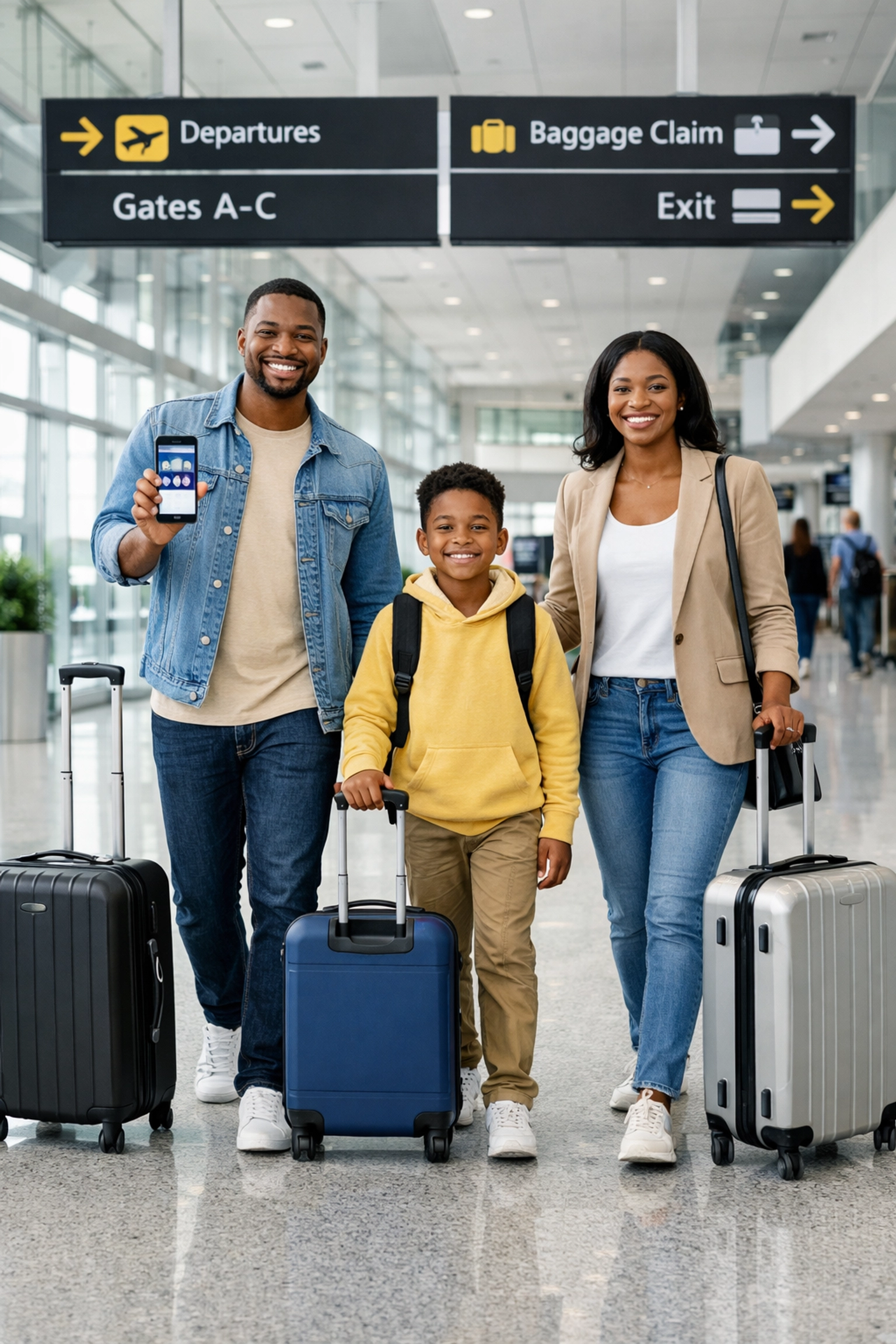 Family with pre-booked transportation app at airport for stress-free travel