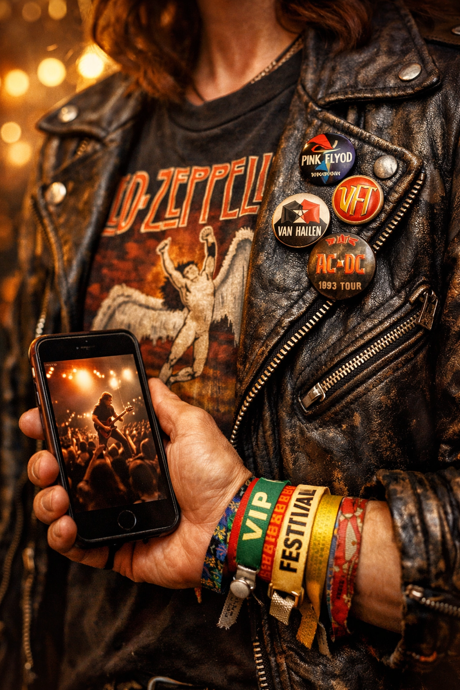 Music fan wearing vintage band t-shirt and leather jacket with concert wristbands