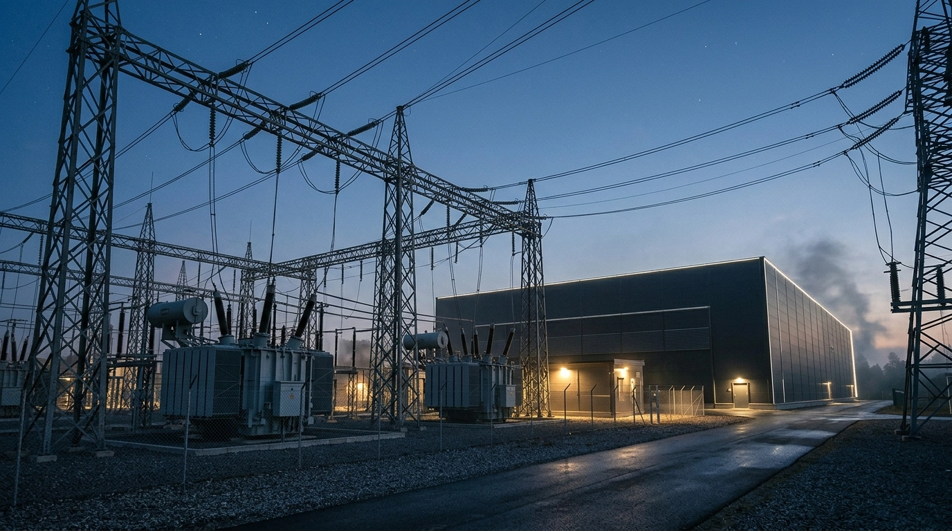 A massive industrial electrical substation at dusk feeding into a modern, windowless data center.