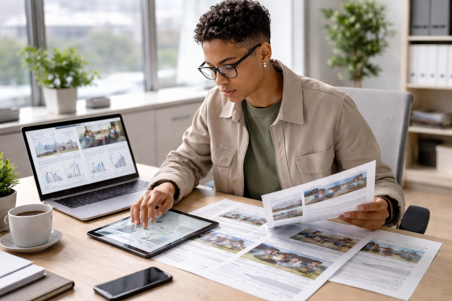 Photorealistic photo of a focused real estate investor reviewing multiple property listings and market data on a laptop and tablet