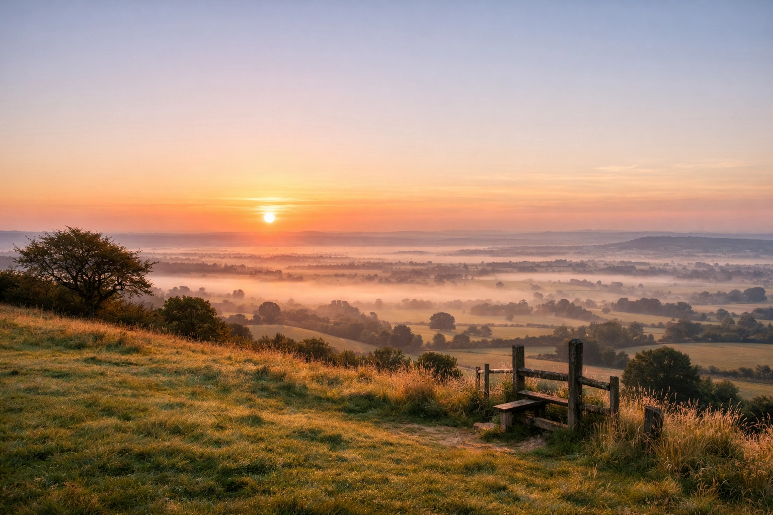 Scenic sunrise over Dover's Hill during a professional Stratford upon Avon day tour.
