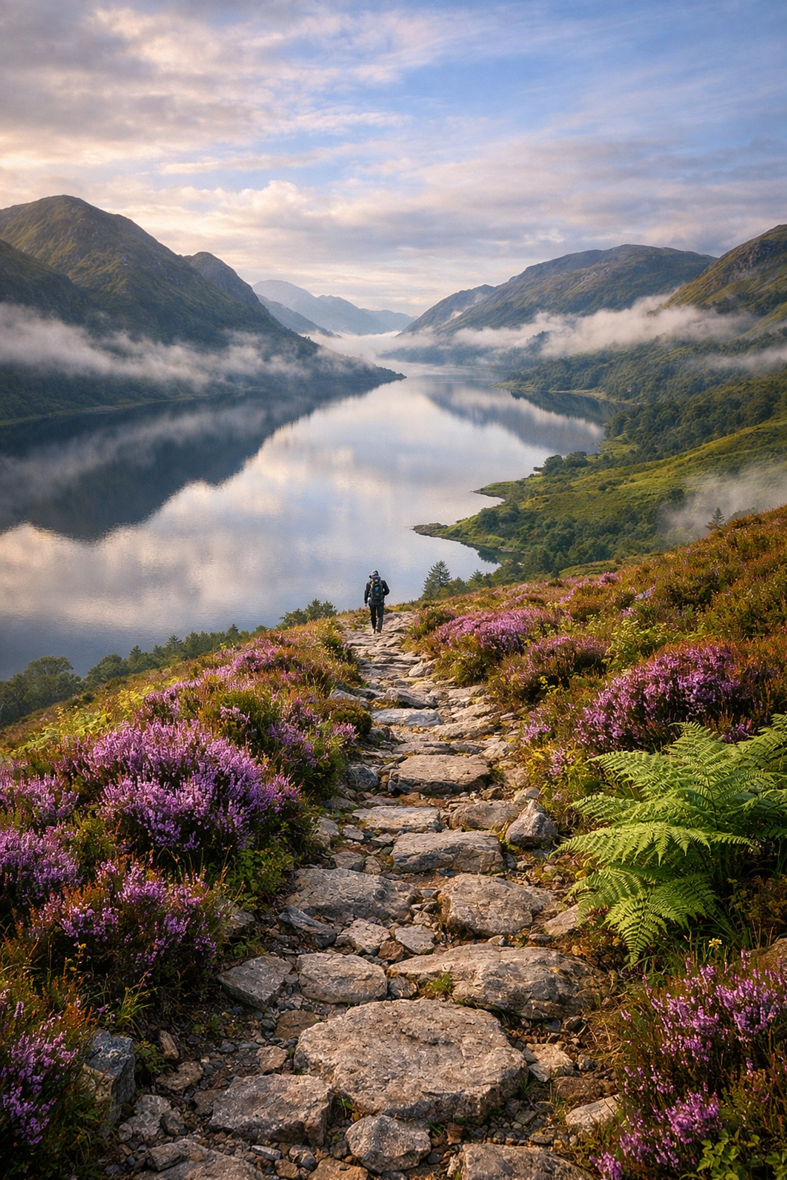 Stone hiking path overlooking a loch in the Scottish Highlands under soft morning light.